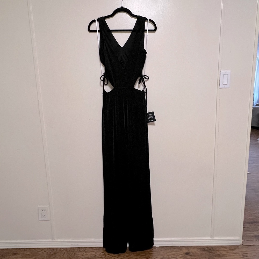 LULUS Black V-Neck Cutout Wide-Leg Jumpsuit